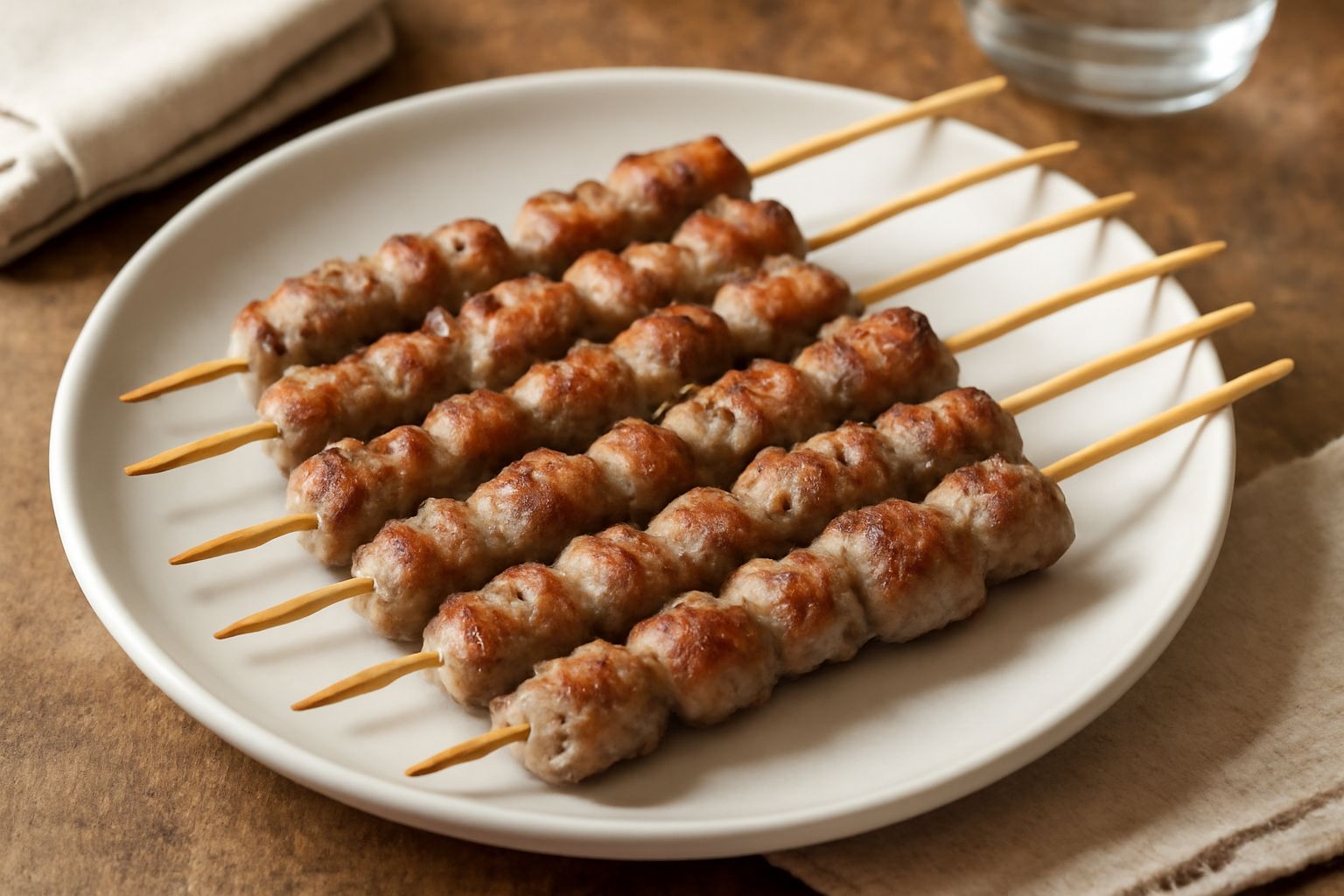 Arrosticini di capretto disposti su un piatto bianco, infilzati su sottili bastoncini di legno, dorati e leggermente affumicati, guarniti con sale grosso e una fetta di limone