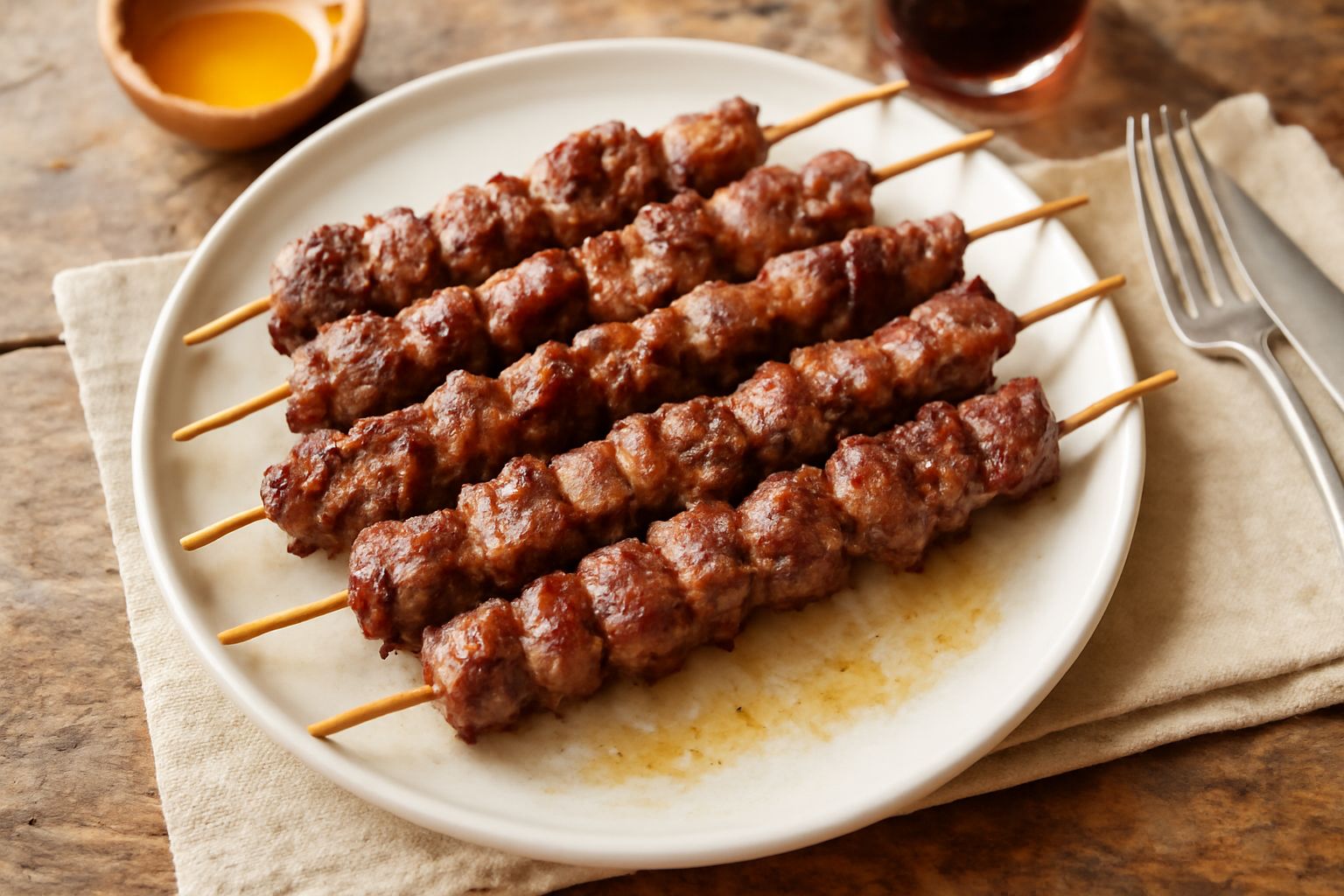 Arrosticini di castrato grigliati disposti su un piatto bianco, dorati e leggermente carbonizzati, con rosmarino fresco accanto e carbone di legna sullo sfondo sfocato