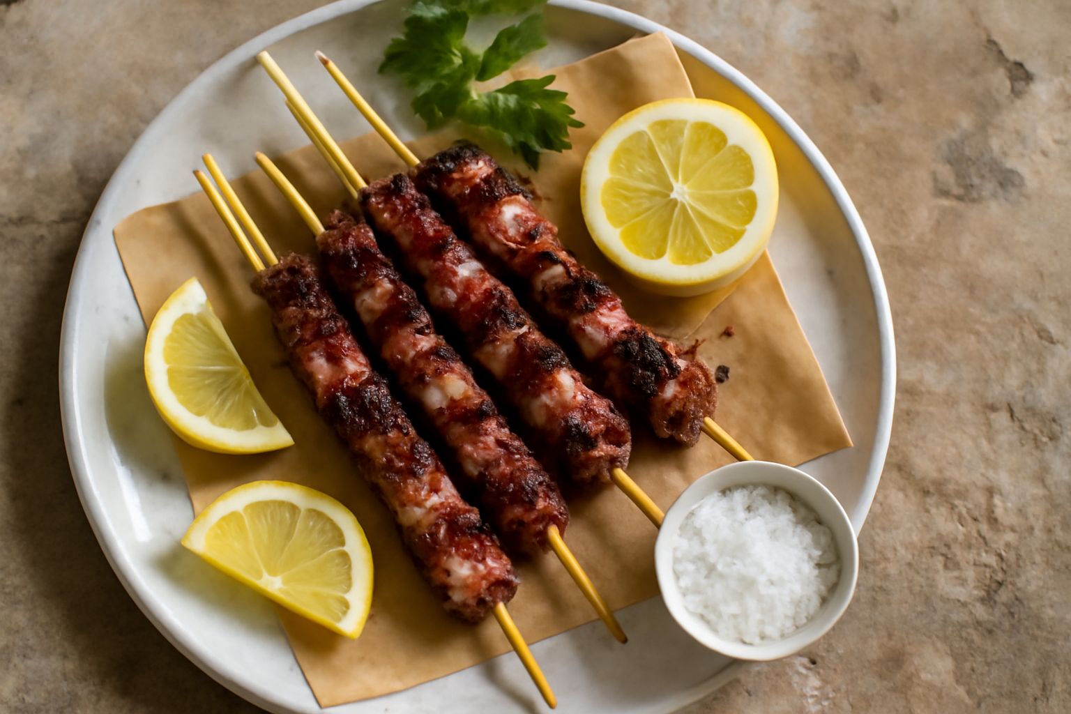 Arrosticini di cavallo rosati e dorati grigliati, disposti su un piatto bianco con fette di limone, sale grosso e prezzemolo fresco, fiamma viva sullo sfondo