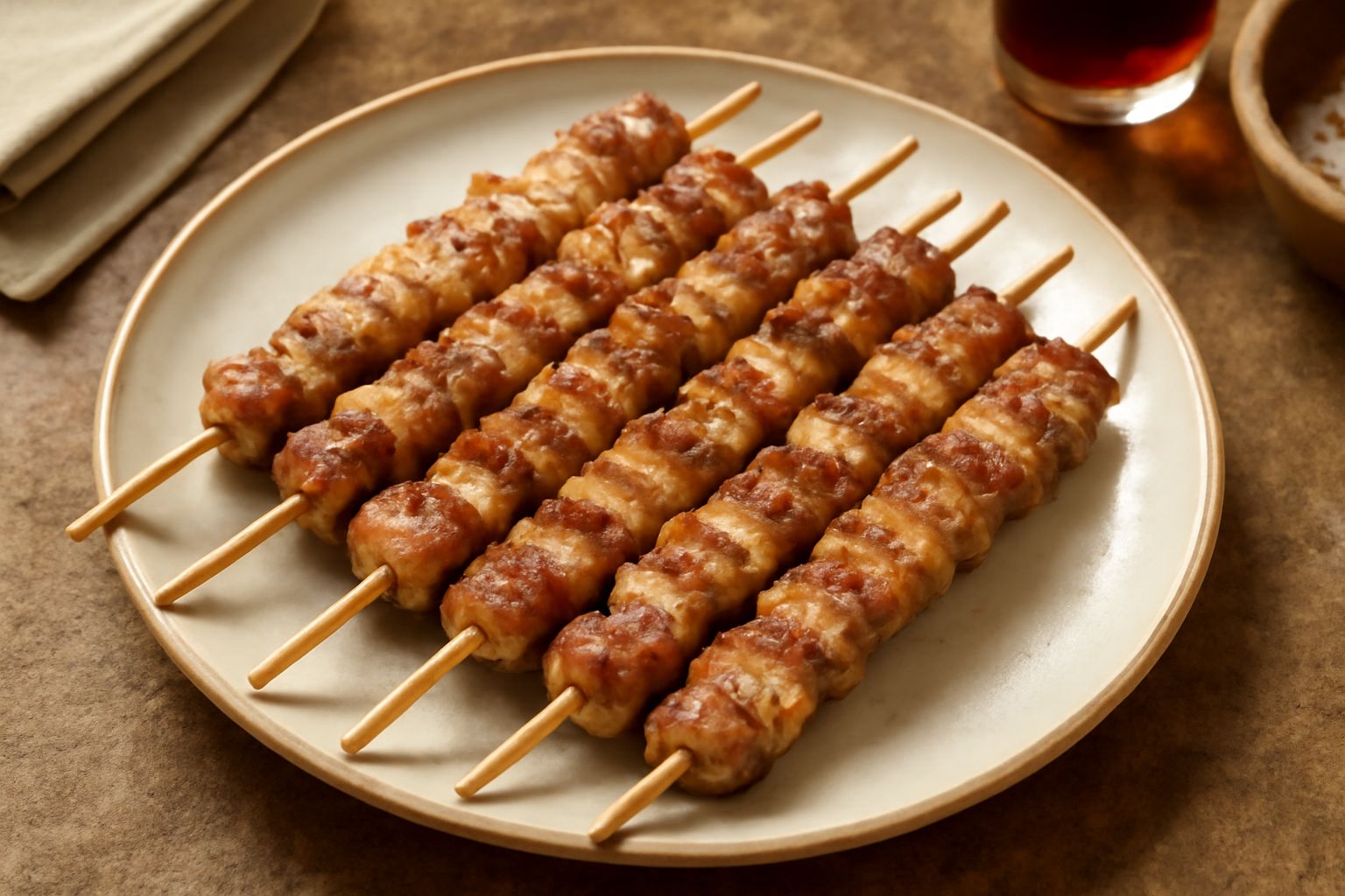 Arrosticini di maiale dorati e croccanti in superficie disposti su un piatto bianco, con rosmarino fresco e limone affettato a lato, su un tavolo di legno scuro