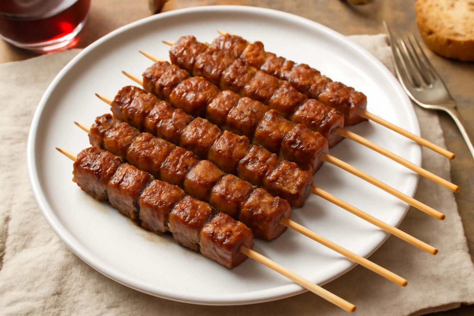 Arrosticini di vitella grigliati, dorati e caramellati, infilati su spiedini di legno, serviti su un piatto bianco con limone fresco e prezzemolo