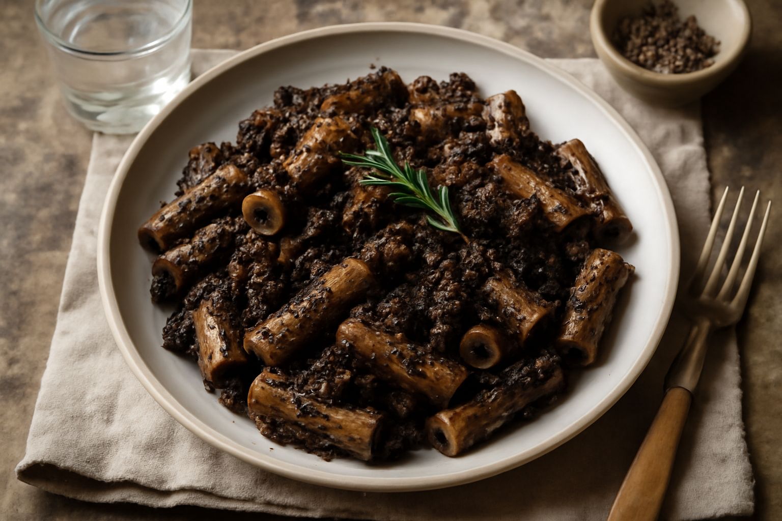 Piatto di pasta con salsa di carne macinata scura, pezzetti di pepe nero visibili, rosmarino fresco e una grattugia di pecorino romano bianco-giallastro.