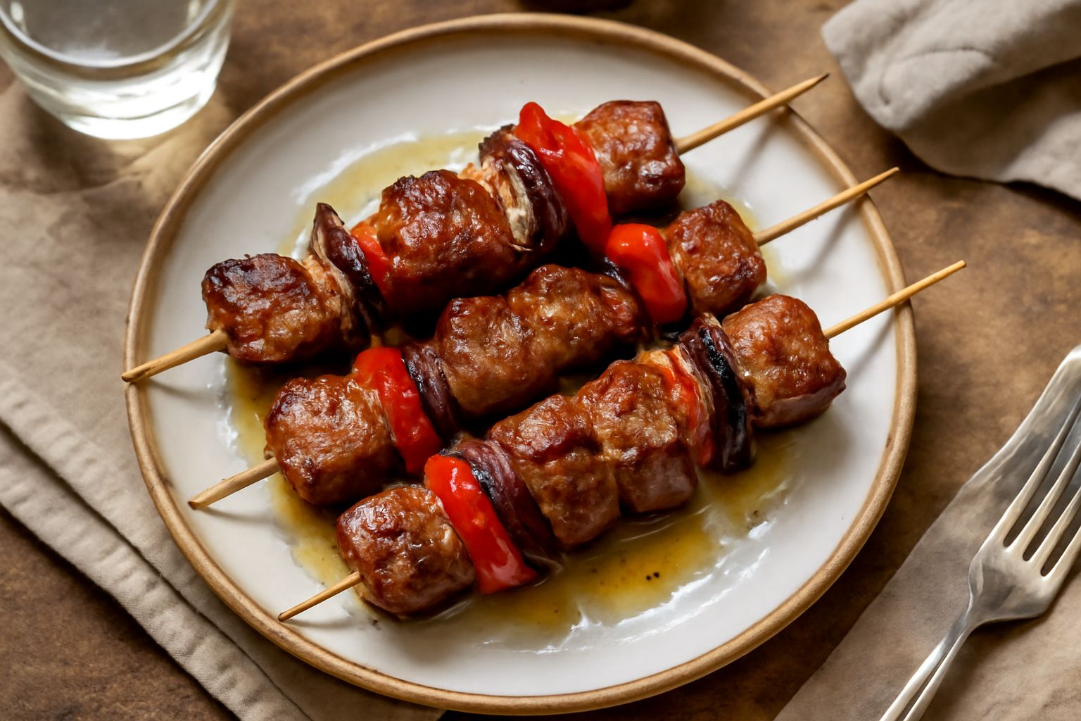 Arrosticini leccesi appena cotti su una piastra nera, con cubetti di carne rossa dorata e pezzi di peperone rosso e cipolla, conditi con olio verde scuro
