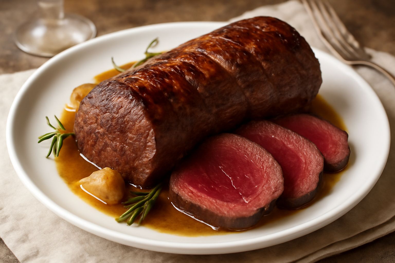 Arrosto di capriolo affettato in un piatto bianco, carne rosso-marrone, circondato da verdure rosolate, salsa scura di accompagnamento, rosmarino e ginepro freschi