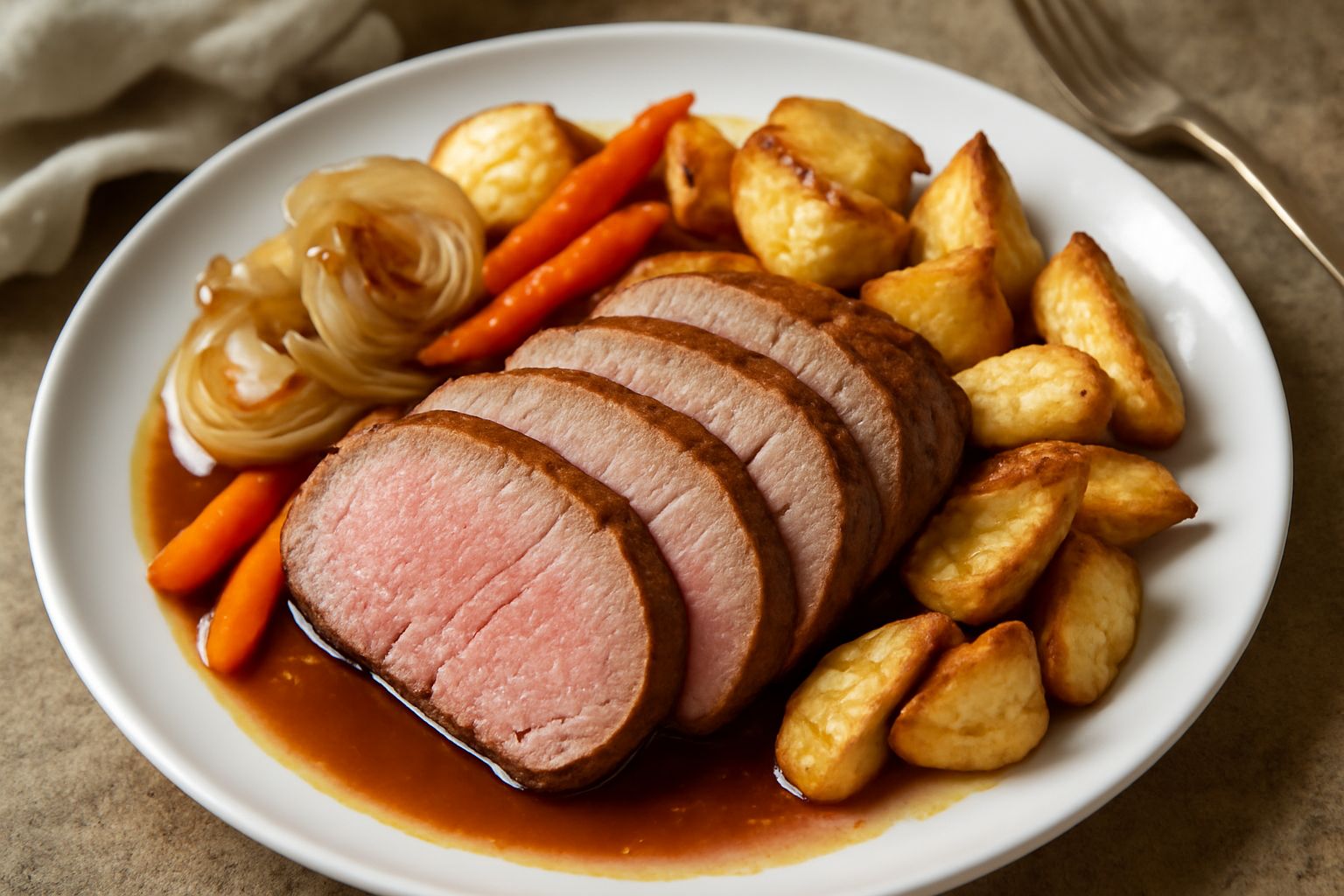 Arrosto di vitella affettato su piatto bianco, carne rosa nel centro con crosta caramellata, contornato da cipolle caramellate, carote tagliate e patate dorate, fresco di forno