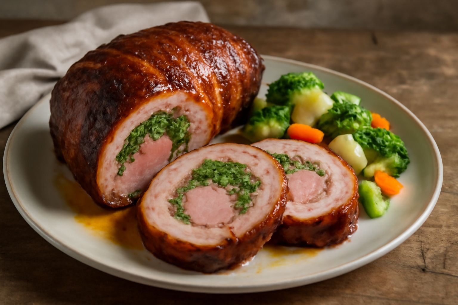 Arrosto in porchetta affettato su un piatto bianco, che mostra la farcia verde di erbe aromatiche e pancetta all'interno, con una crosta dorata all'esterno, accanto a fette di limone e prezzemolo fres