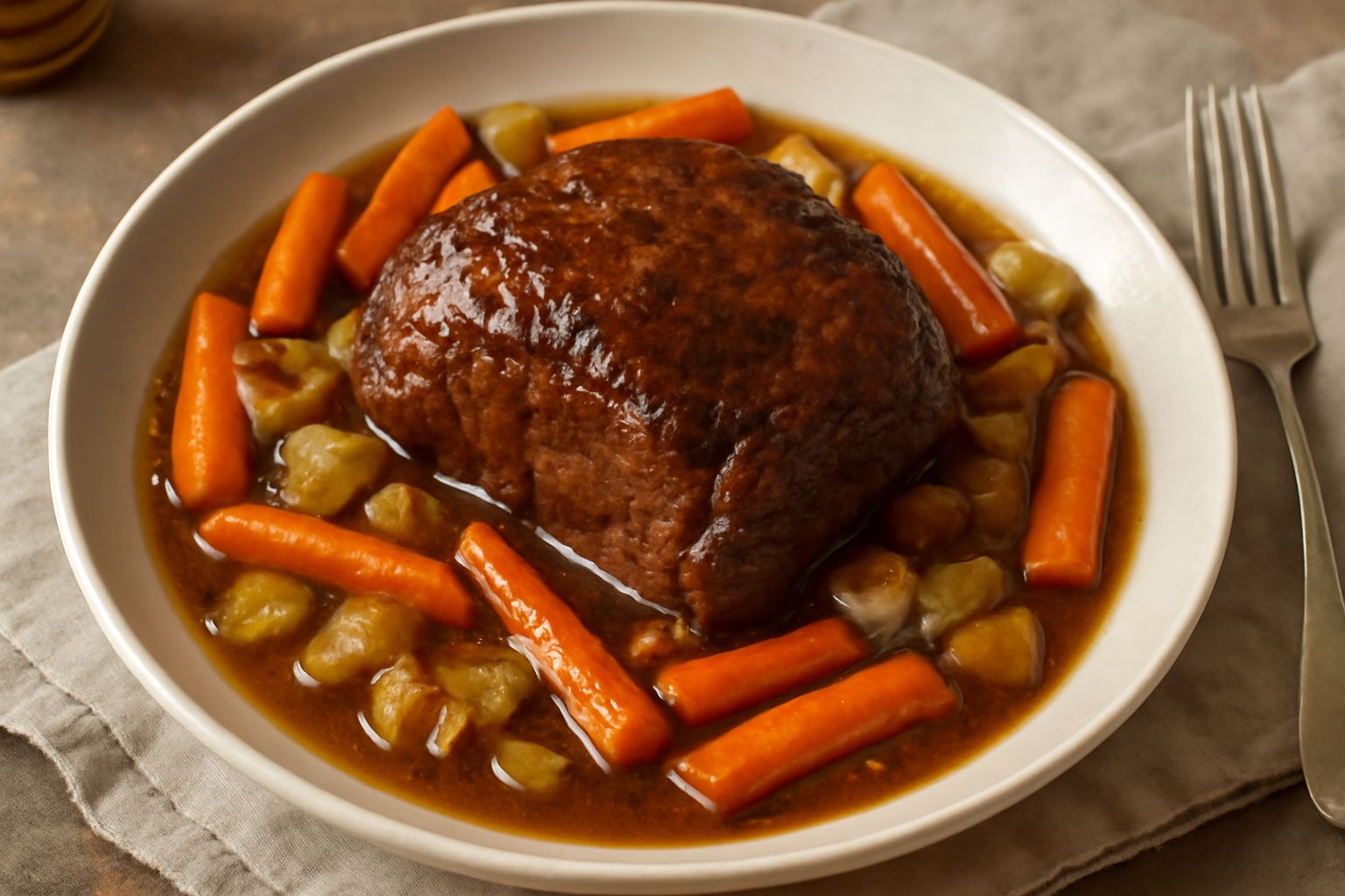 Arrosto in umido servito nel piatto bianco: carne marrone scuro e tenera, contornata da carote arancioni, sedano e cipolle caramellate, con salsa di cottura color marrone intenso