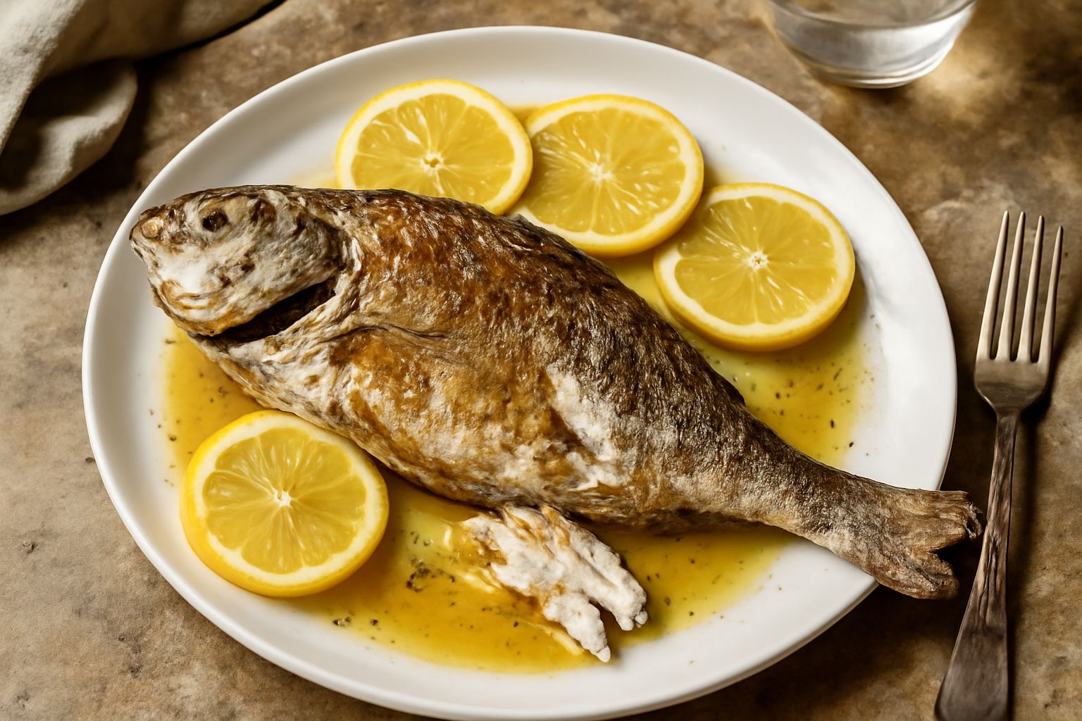 Pesce intero arrostito nel tegame di terracotta, dorato e profumato, circondato da fette di limone, pomodori arrostiti e prezzemolo fresco, con pelle leggermente croccante