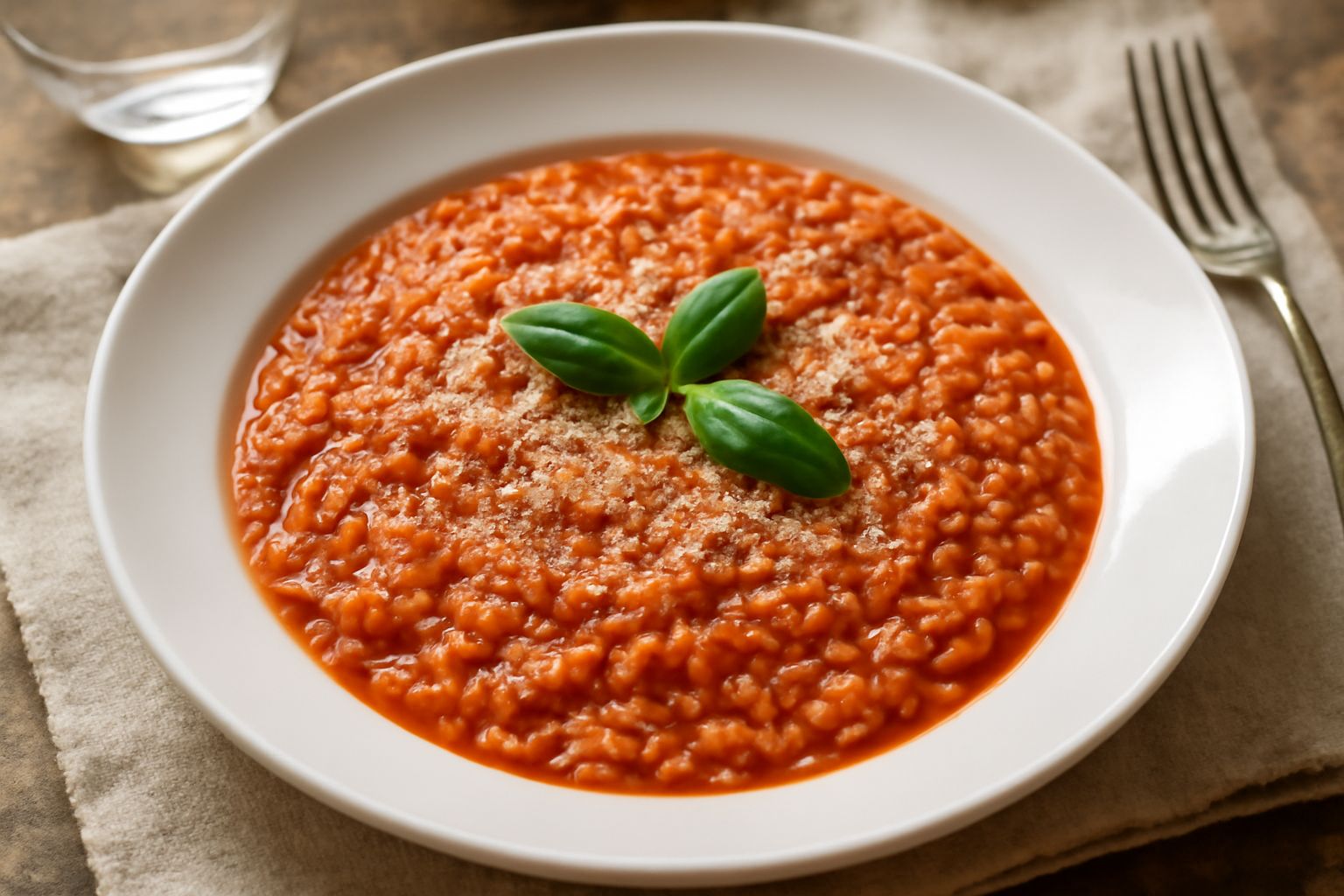 Piatto bianco con risotto rosso intenso, cremoso, con chicchi di riso visibili al centro, decorato con parmigiano grattugiato e prezzemolo fresco, contorno di brodo leggero intorno al riso