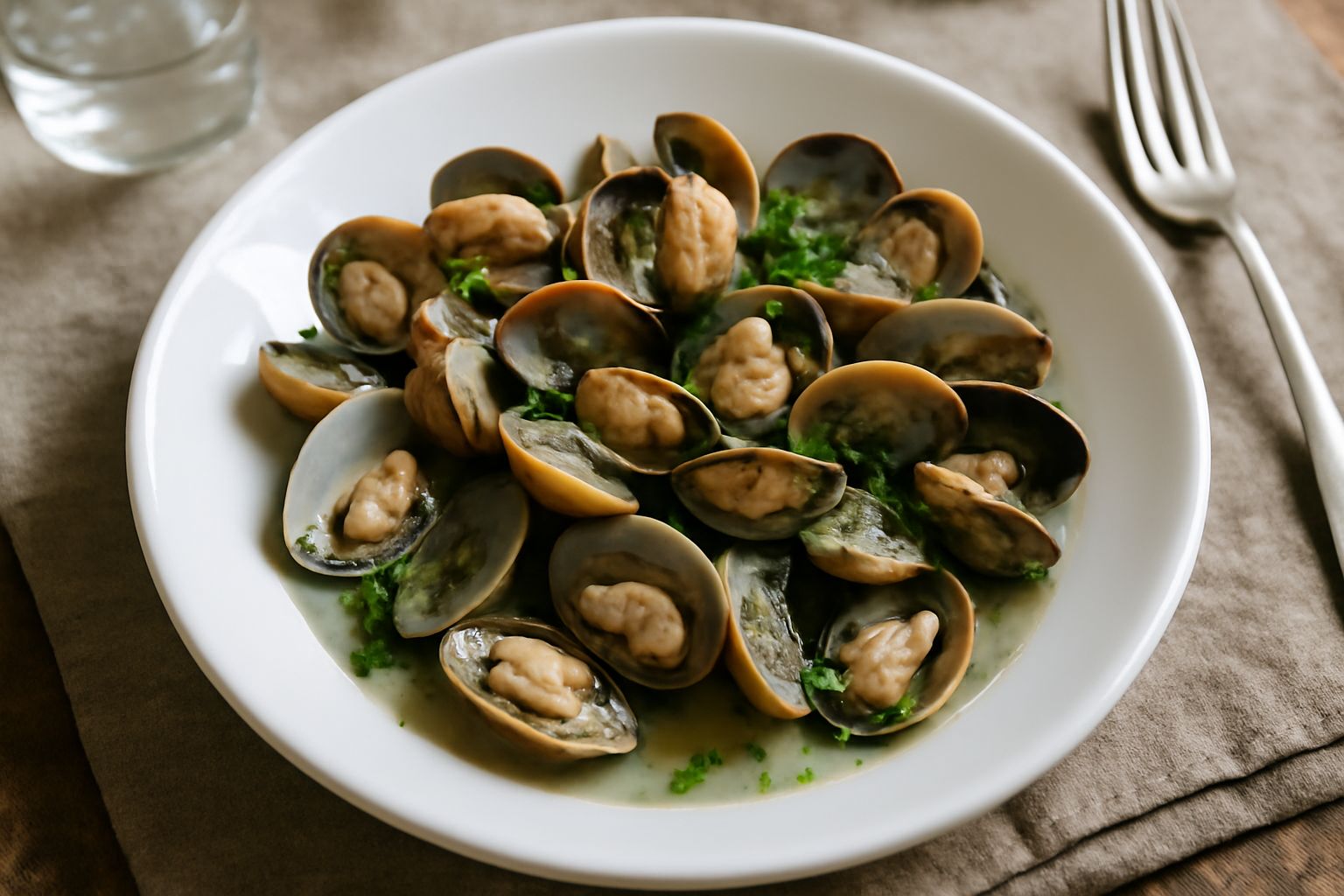 Piatto bianco fondo con arselle aperte grigiastre e fulve, bagnate di brodo trasparente, aglio dorato e prezzemolo verde fresco cosparso, pane tostato al bordo