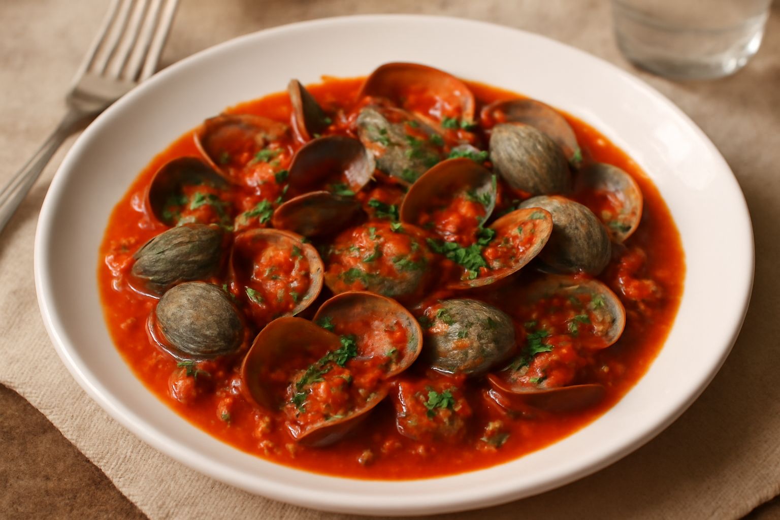 Arselle cotte in salsa di pomodoro rosso vivo dentro una ciotola bianca, con aglio e prezzemolo fresco sopra, accompagnate da pane tostato ai lati