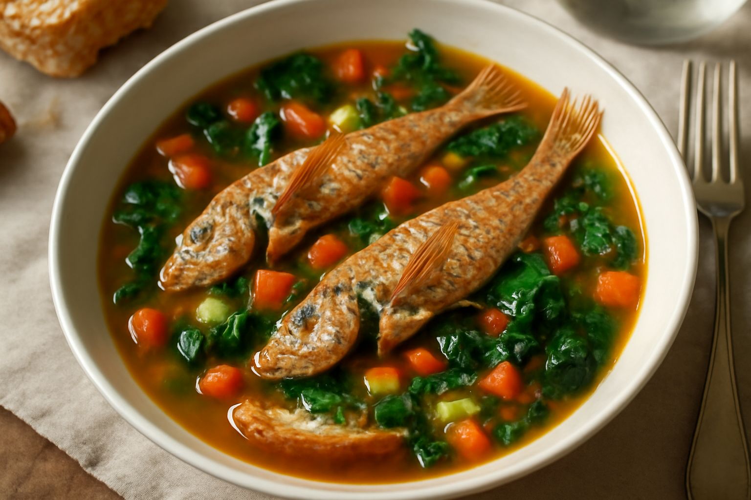 Zuppa arzada in ciotola bianca con brodo trasparente, pesci piccoli interi, pomodori rossi, verdure verdi, fette di pane tostato giallo dorato e olio d'oliva lucido in superficie
