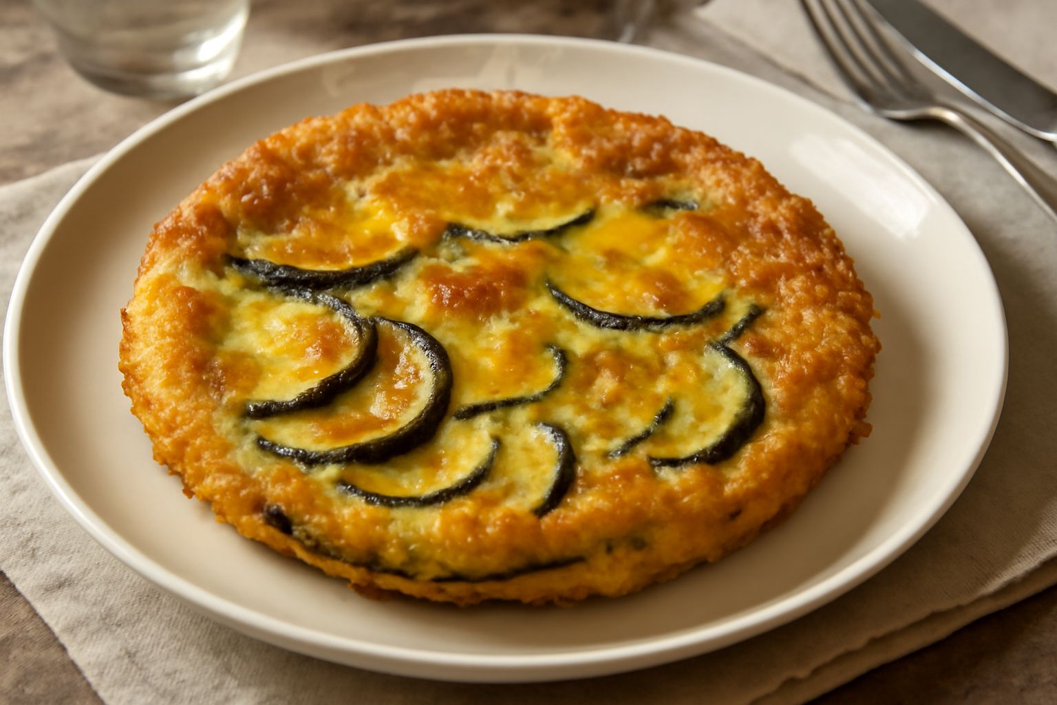 Arzèla croccante e dorata servita in un piatto bianco, verdure fritte in pastella, melanzane e zucchine croccanti, superficie dorata brillante, con olio che cade, su fondo neutro