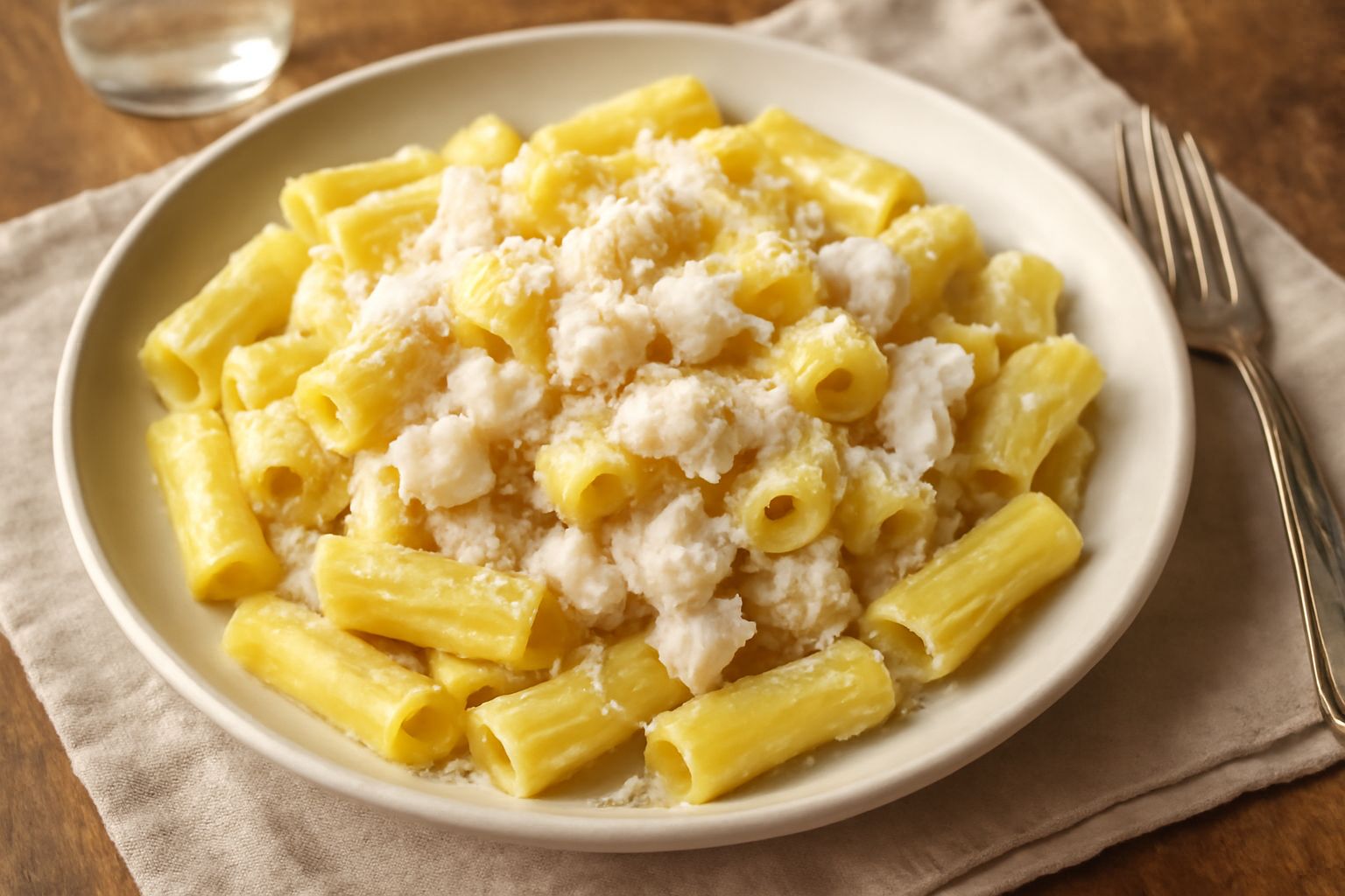 Piatto bianco con pasta al dente condita con midollo di manzo sgranato, parmigiano grattugiato, erba cipollina fresca e brodo di carne, servito tiepido