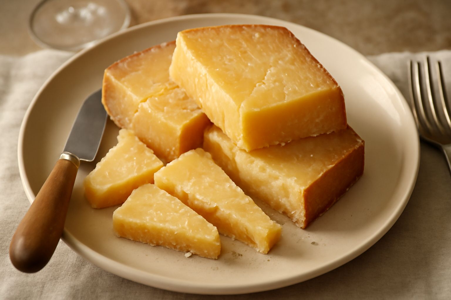 Fette di Asiago d'allevo color paglierino disposte a ventaglio su piatto bianco, con cristalli visibili sulla superficie e una lama di coltello in acciaio sullo sfondo