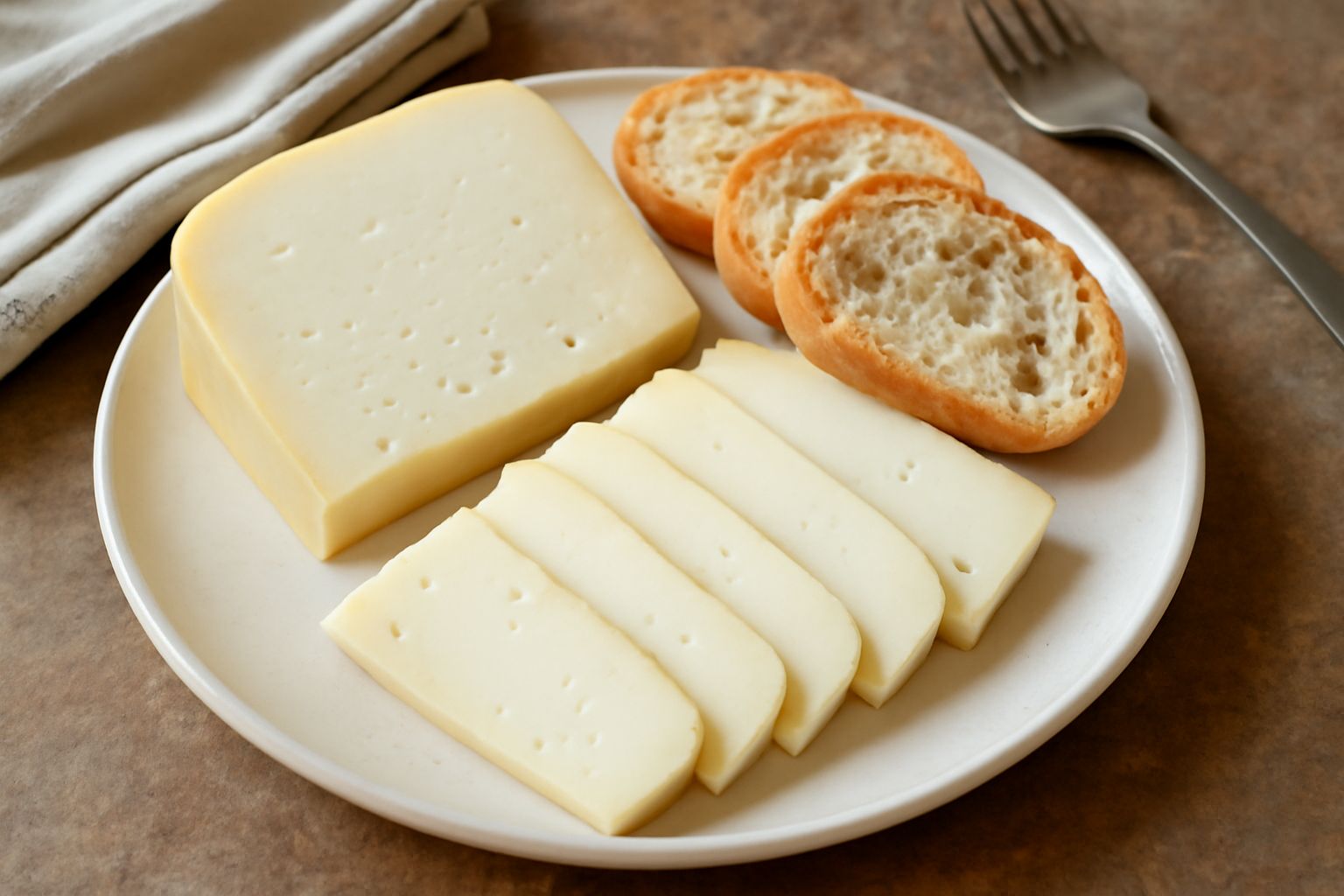 Asiago fresco tagliato a fette su una tavoletta di legno scuro, accanto a pane tostato, ravanelli crudi, noci, miele in un vasetto di vetro, su fondo bianco.