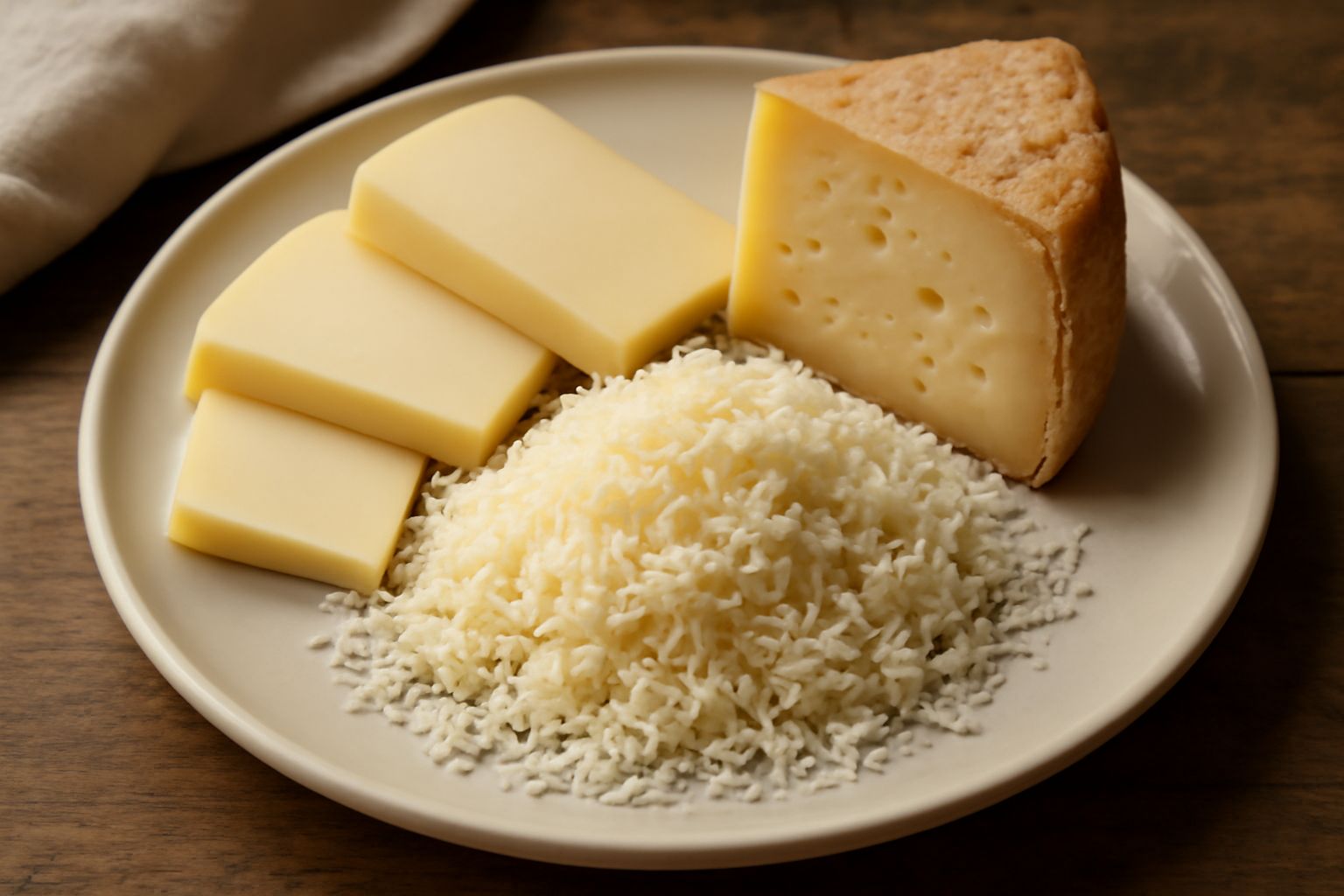 Fette di formaggio asiago disposte su un piatto bianco: alcune giallastre e morbide (versione fresca), altre più ambrate con occhiature (versione stagionata), con una coltellino da formaggio in acciai