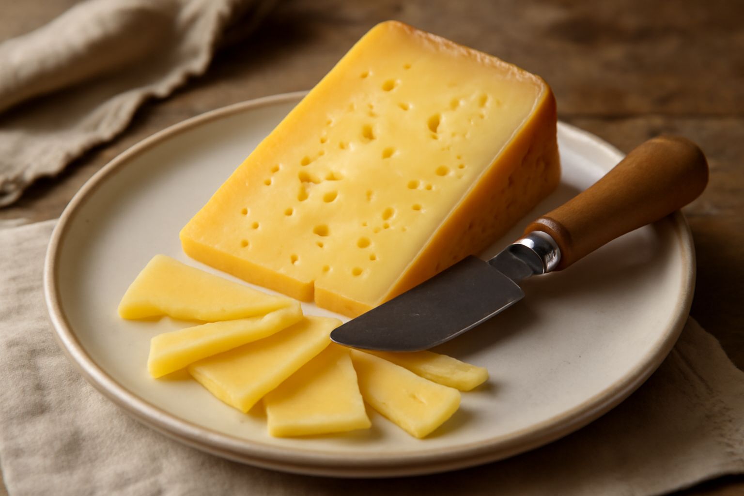 Fette di asiago stagionato di colore giallo paglierino servite su tagliere di legno, accanto a noci, miele in ciotola di ceramica e spicchi di mela verde, con coltello per formaggio di lato