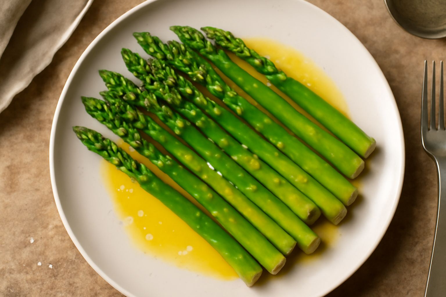 Asparagi verdi intensi appena cotti, disposti paralleli nel piatto bianco, ricoperti di burro dorato che cola lentamente tra i gambi, sale marino visibile in superficie.