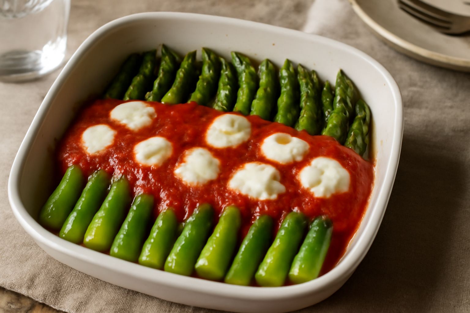 Asparagi verdi disposti verticalmente in una pirofila bianca da forno, ricoperti di salsa di pomodoro rosso vivo, mozzarella cremosa bianca e parmigiano grattugiato dorato, con il bordo della pirofila