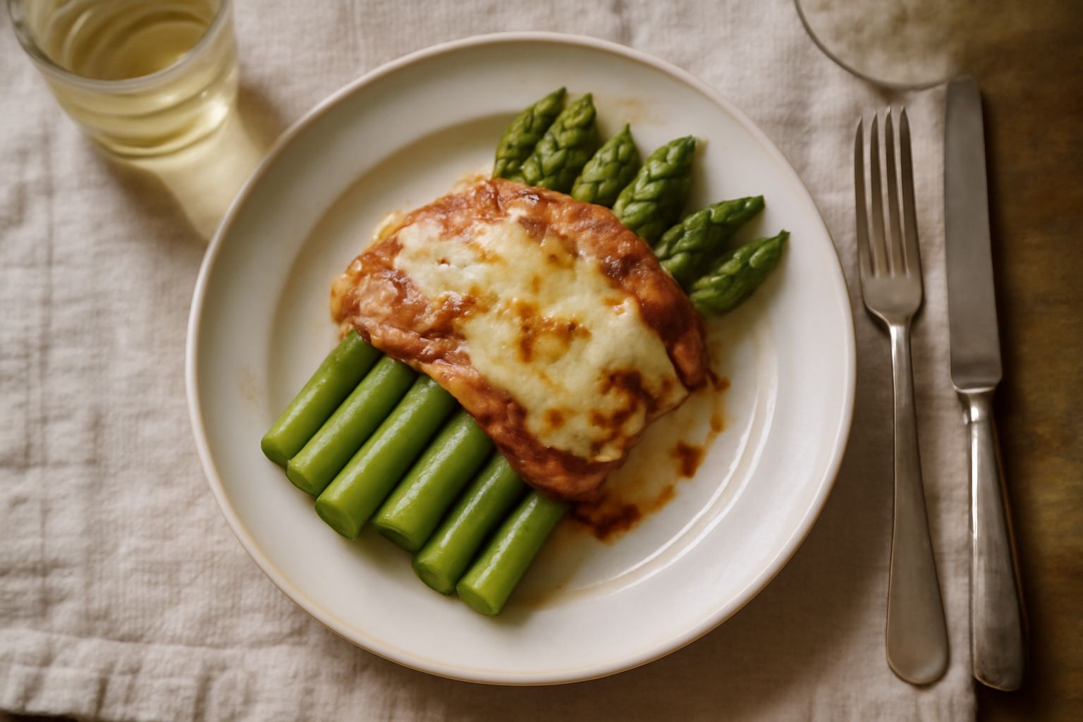 Asparagi verdi bolliti, dritti nel piatto bianco, ricoperti da salsa beurre blanc lucida e filamenti di parmigiano grattugiato, sfondo neutro