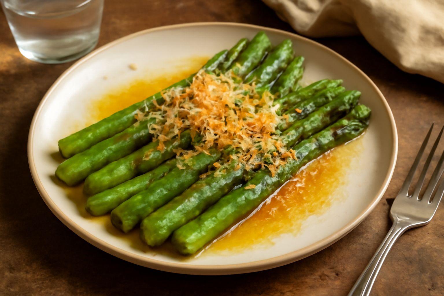 Asparagi verdi disposti verticalmente su un piatto bianco, ricoperti di burro fuso lucido e scaglie dorate di parmigiano stagionato
