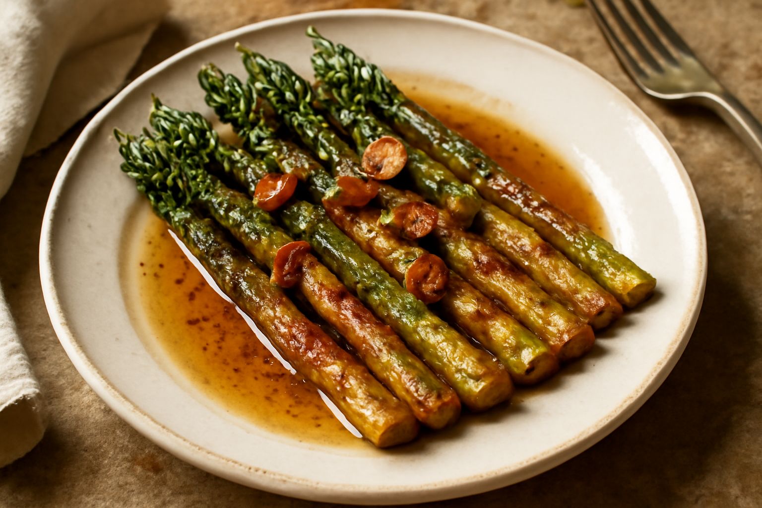 Asparagi verdi tagliati obliqui, rosolati in padella di acciaio, lucidi d'olio, con spicchi d'aglio dorato e fili di peperoncino rosso, su fondo scuro