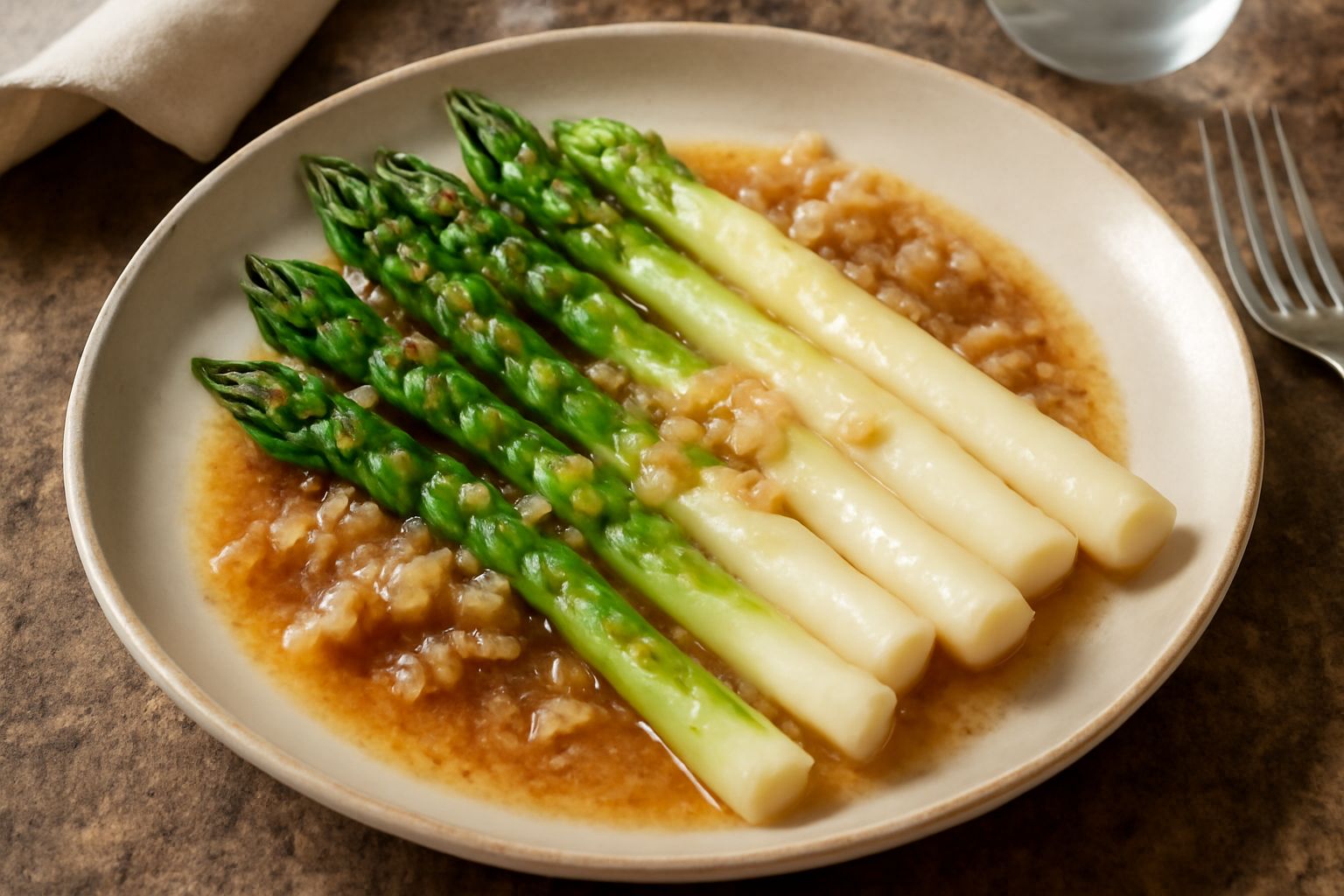 Asparagi bianchi e verdi croccanti in un piatto bianco, ricoperti di burro dorato e cipolla brunita, con foglie di prezzemolo verde fresco, serviti tiepidi
