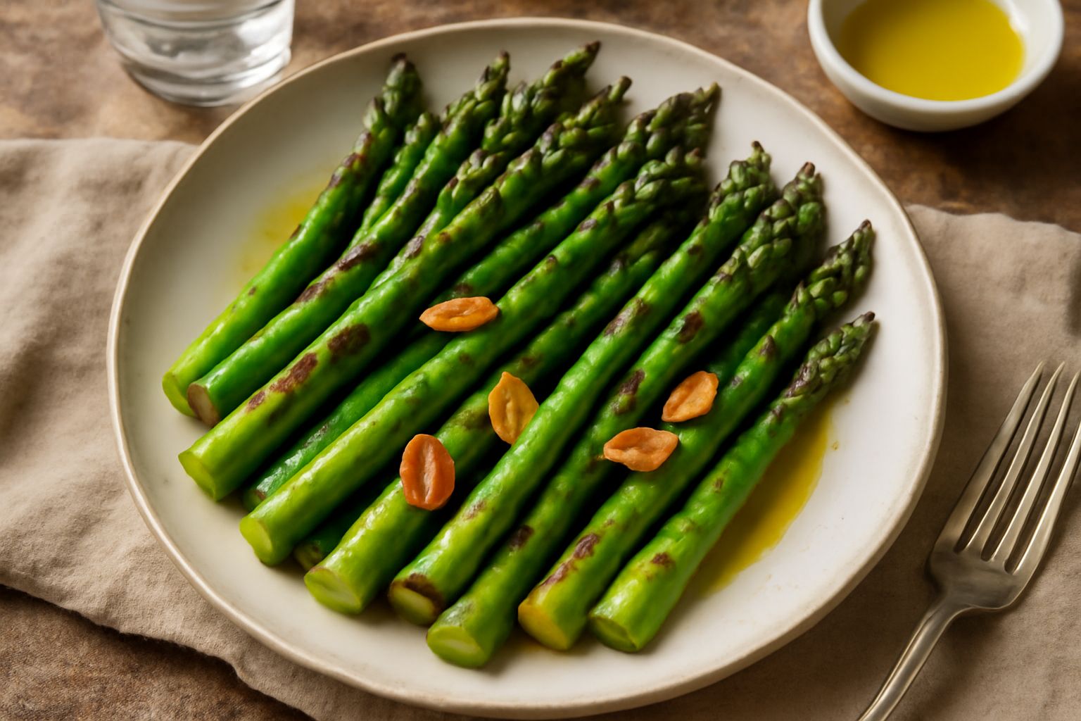 Asparagi verdi brillanti saltati in padella con spicchi d'aglio dorato, olio che luccica, serviti in un piatto bianco con scorza di limone grattugiata