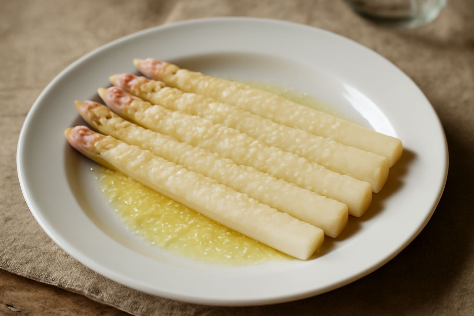 Asparagi bianchi Badoere crudi disposti a fascio su un tavolo di legno naturale, con punte rosate appena spuntate, accanto a una coppa di burro fresco e grattugia di parmigiano