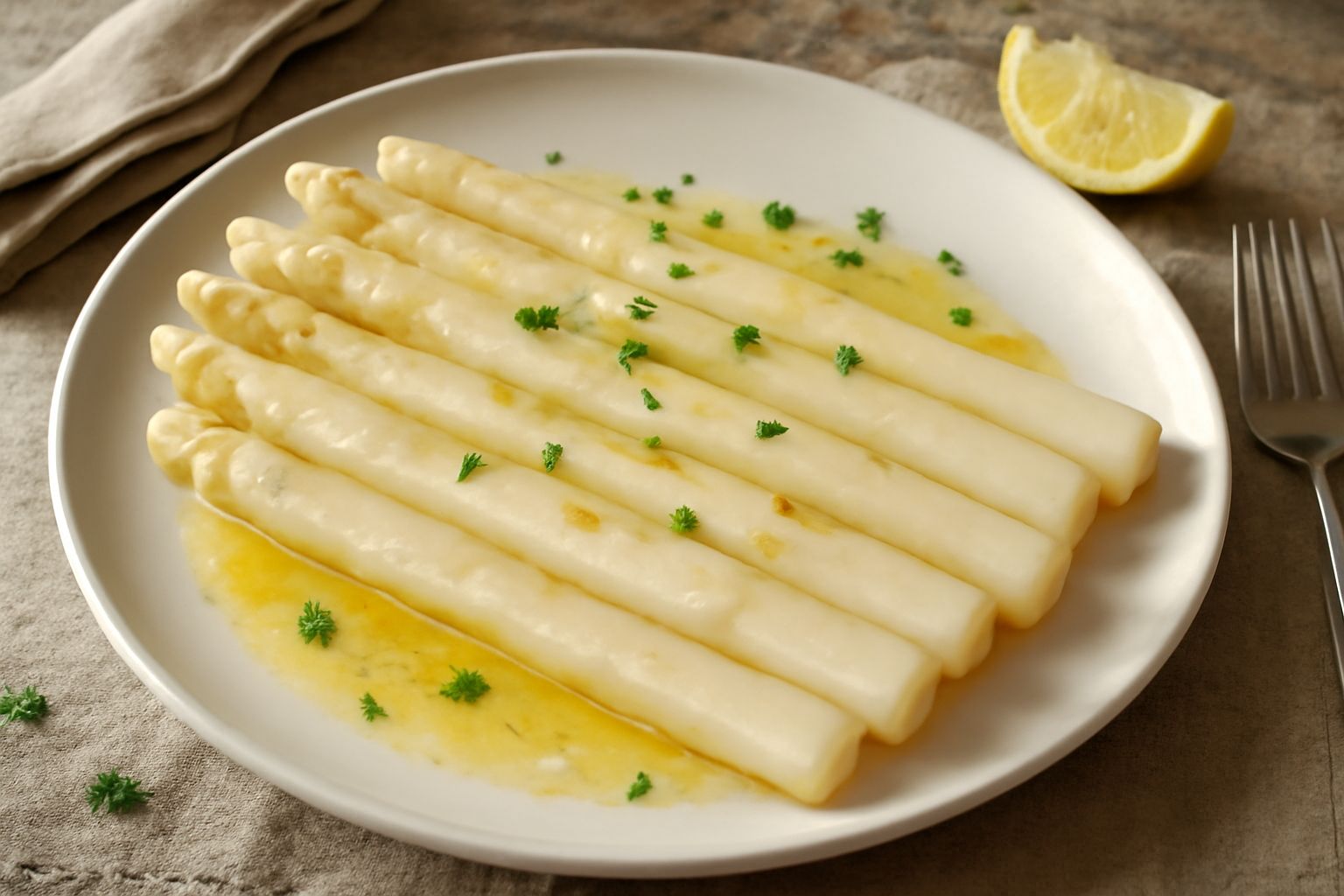 Asparagi bianchi cotti in padella con burro fuso e limone, disposti su piatto bianco con gocce dorate di burro, contorno leggero di primavera
