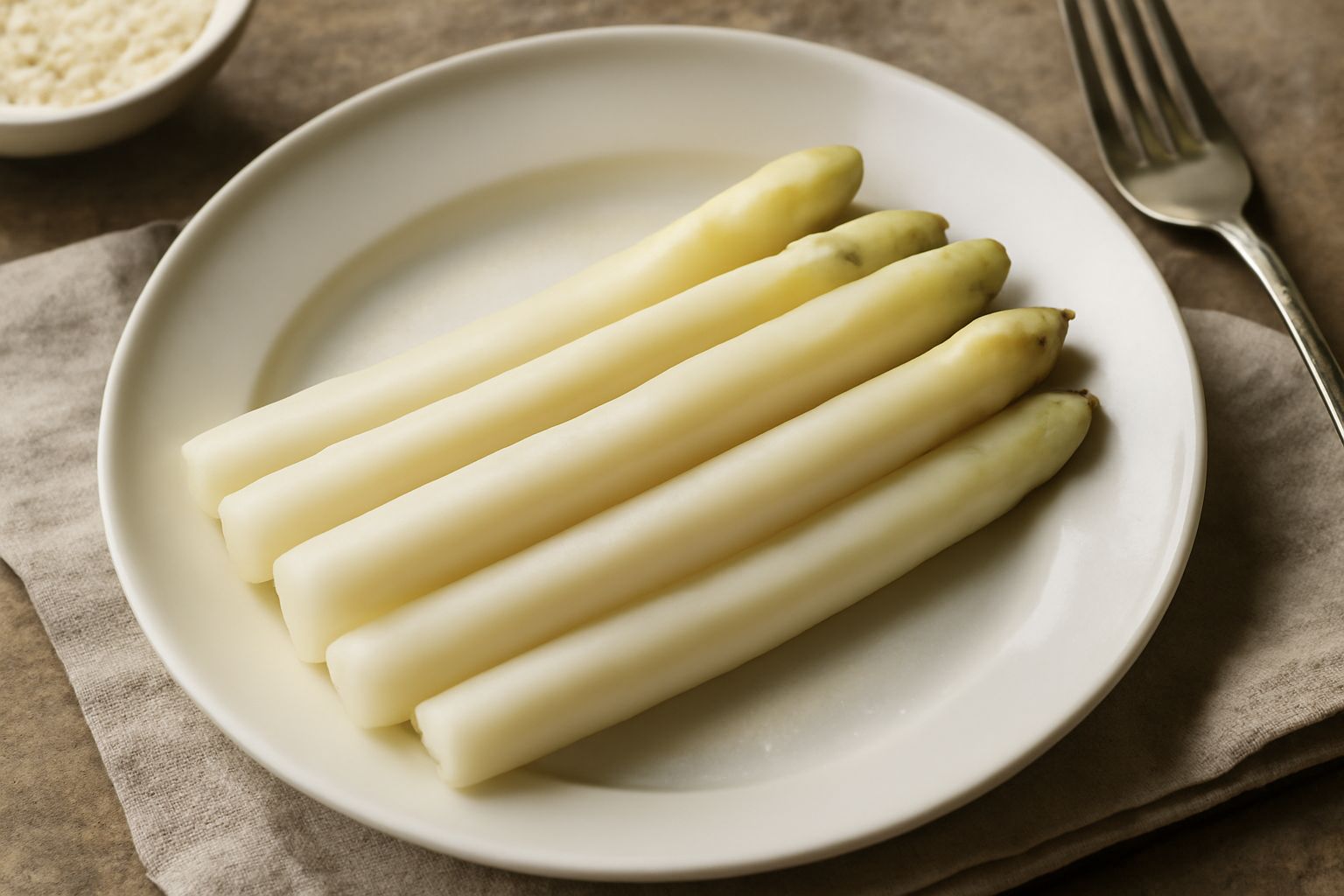 Asparagi bianchi di Zambana cotti e sgocciolati, disposti verticalmente in un piatto bianco, con punte intatte e gambi teneri, leggermente lucidi