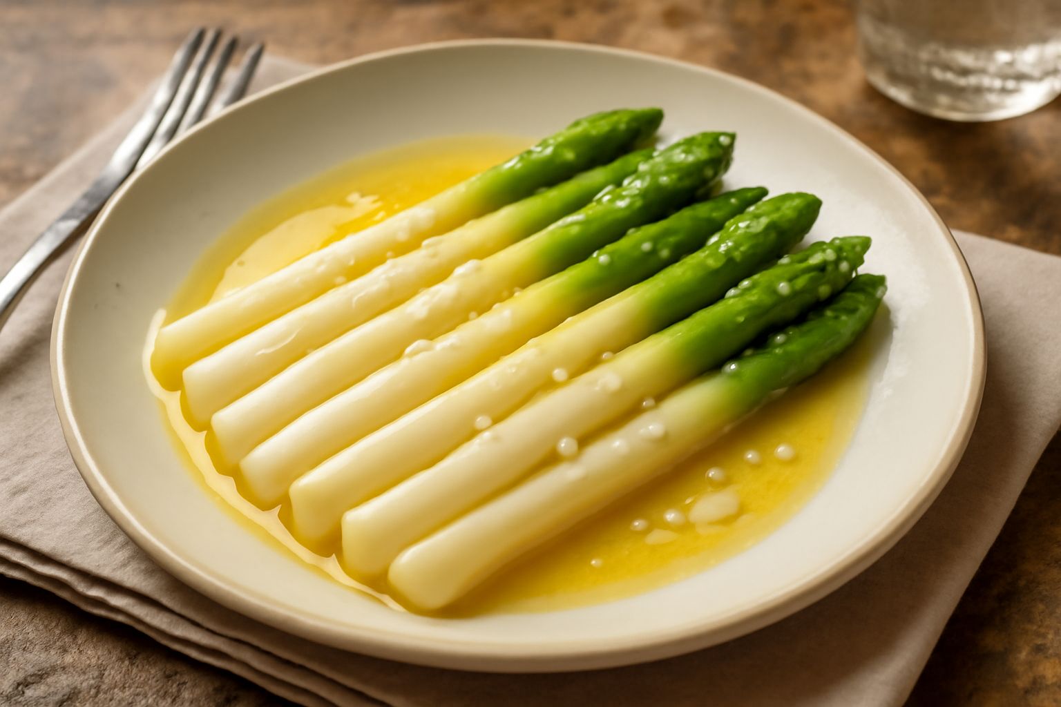 Asparagi bianchi e verdi disposti paralleli nel piatto con burro fuso lucido che li riveste, punte turgide e colore uniforme da freschi, accompagnati da sale marino grosso sparso