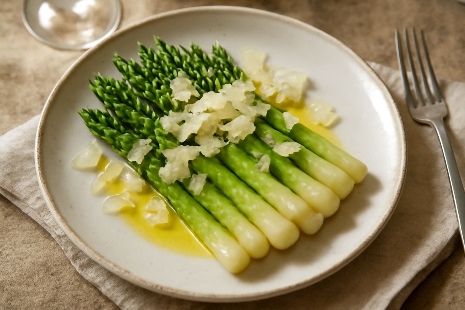 Asparagi verdi e bianchi di Bassano disposti a fascio nel piatto, ricoperti di burro fuso, scaglie di parmigiano grattugiato, sfondo di tessuto grigio chiaro
