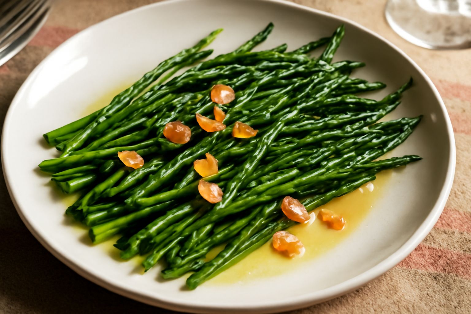 Asparagi di bosco sottili e verdi intenso in una padella di ferro, saltati in olio con spicchi d'aglio dorati, disposti ordinatamente con alcuni germogli ancora visibili alle punte.