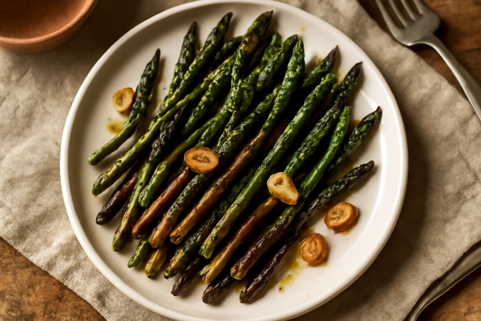 Asparagi di montagna sottili e verdissimi, saltati in padella, con aglio dorato e olio lucido, disposti a ciuffo su un piatto bianco, con limone fresco a spicchi sul bordo