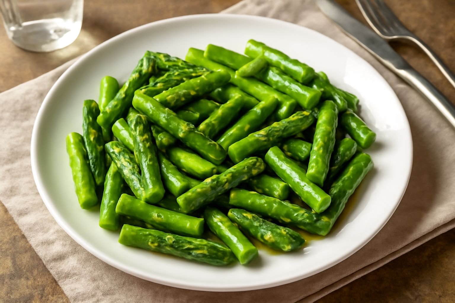 Asparagi verdi tagliati a pezzi, disposti in un piatto bianco con fette di limone giallo e gocce di olio lucido, guarniti con parmigiano grattugiato sottile