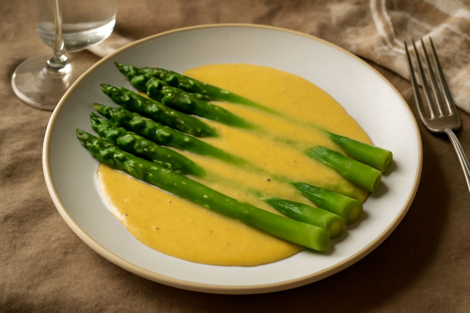 Asparagi verdi sdraiati nel piatto, coperti da salsa color crema che scende dai lati, guarniti con un filo d'olio e prezzemolo fresco tritato