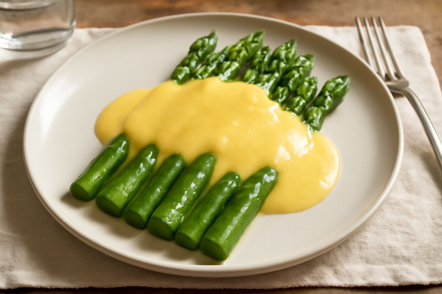 Asparagi verdi disposti nel piatto, coperti da una salsa gialla cremosa a base di uova, guarniti con prezzemolo fresco e una macinata di pepe nero