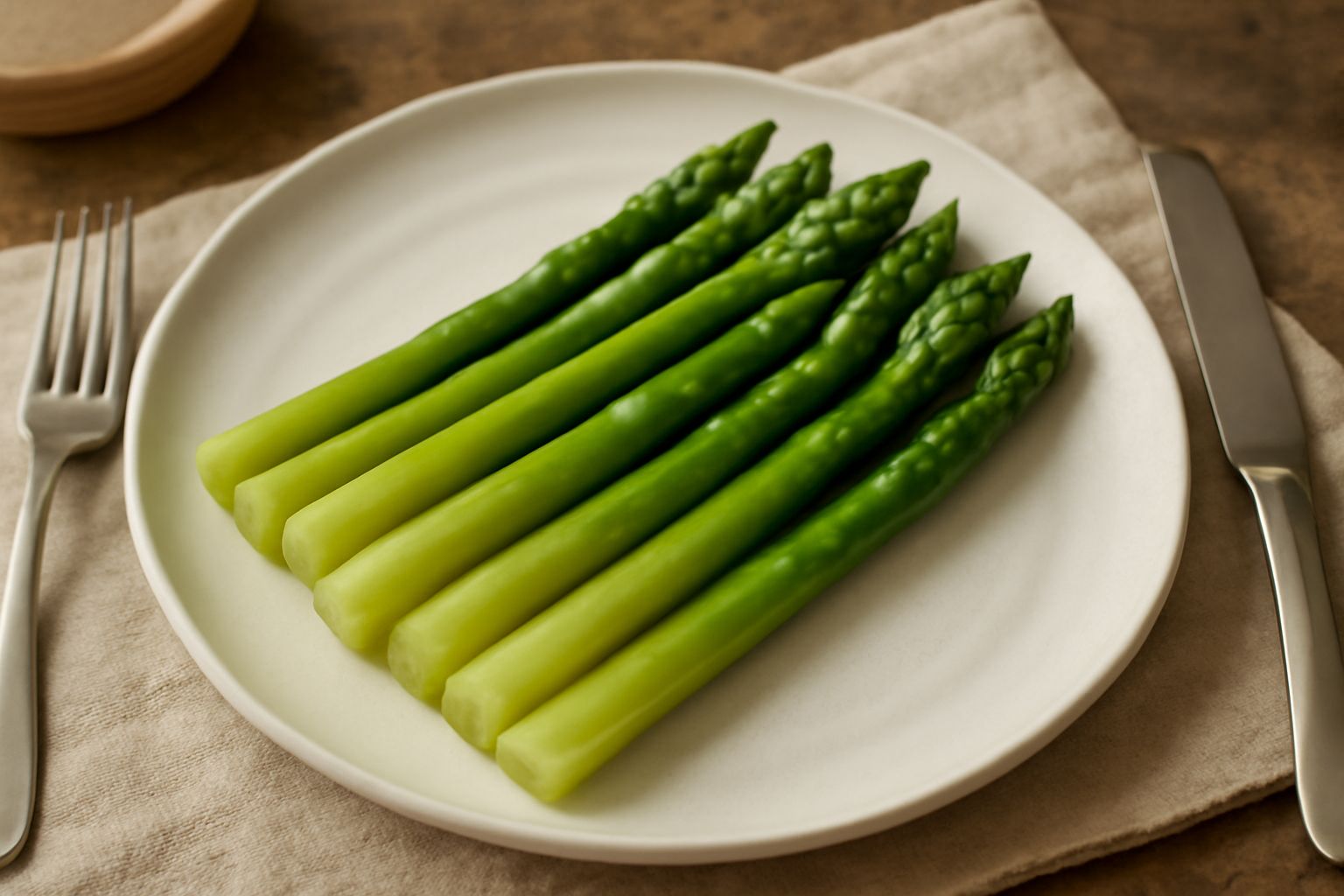 Asparagi lessati di colore verde intenso, disposti verticalmente nel piatto bianco, con un filo di olio d'oliva dorato versato sopra e qualche goccia di limone fresco