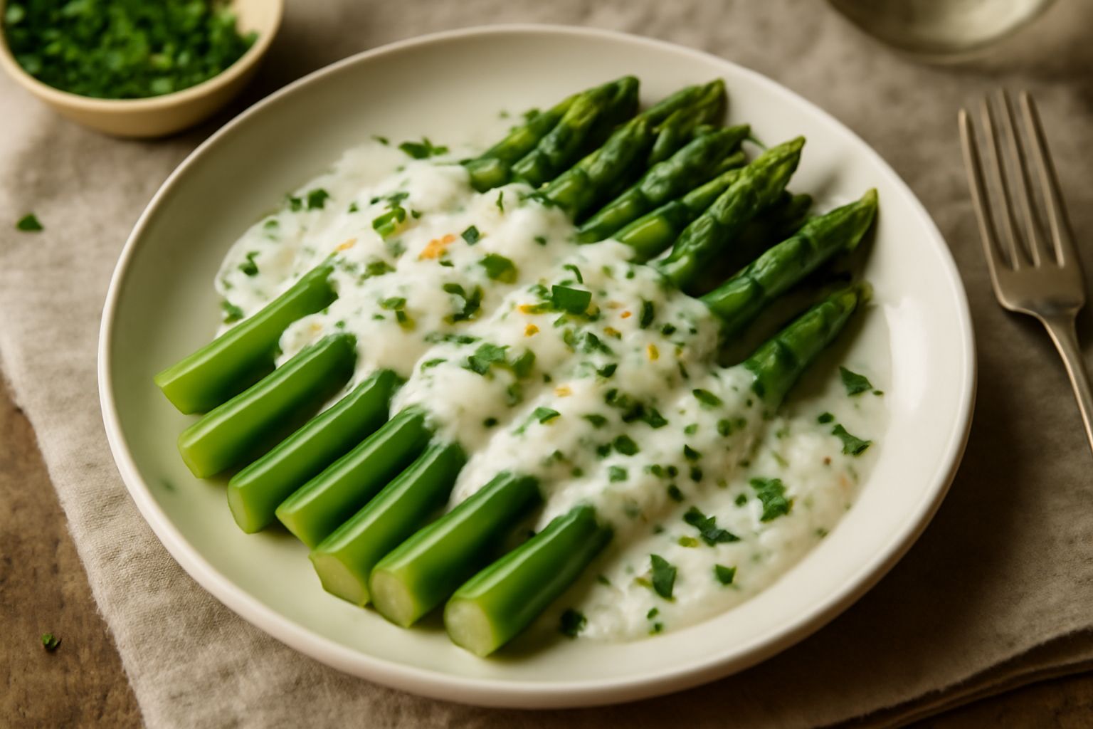 Asparagi verdi e teneri in una padella bianca di ceramica, ricoperti di panna bianca e polvere di parmigiano giallo, con aglio dorato, serviti su un piatto grigio con contorno di prezzemolo fresco