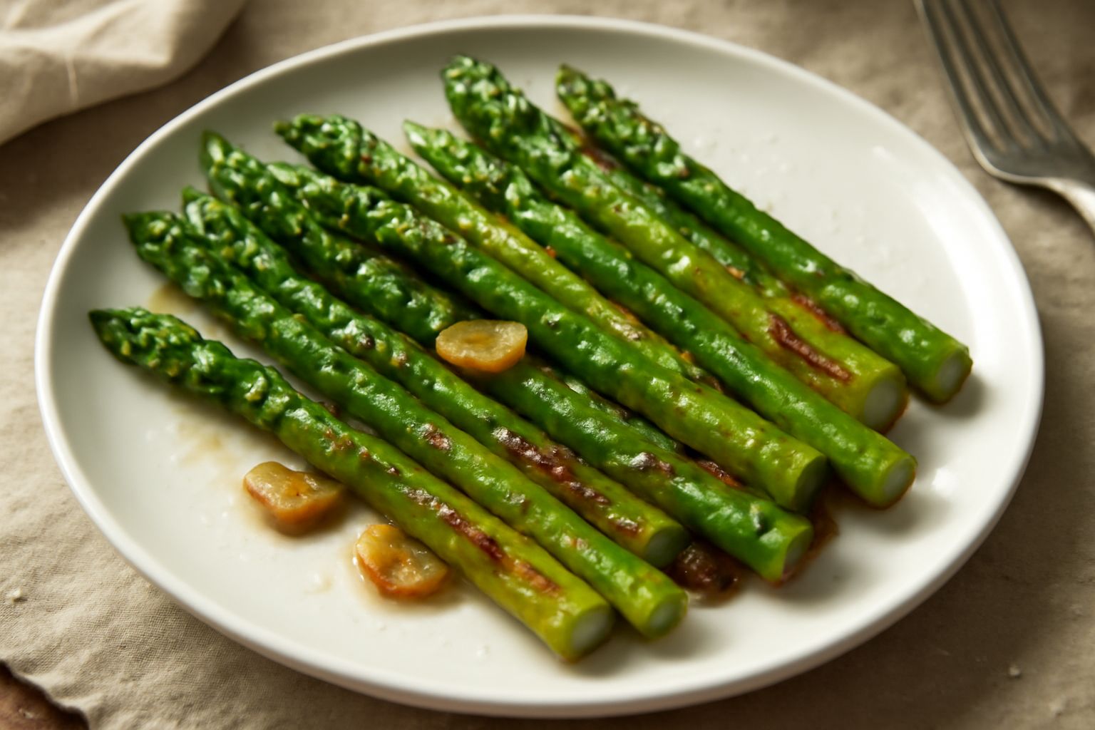 Asparagi freschi di color verde brillante saltati in padella con aglio dorato, olio lucido visibile sulla superficie, serviti in un piatto bianco rotondo con fette di limone sul bordo