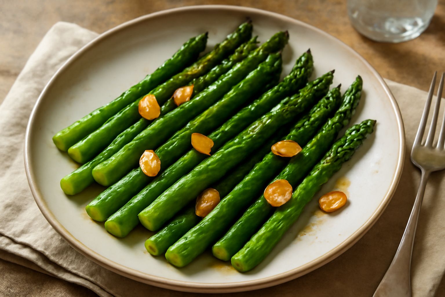 Asparagi verdi saltati in padella di acciaio, brillanti d'olio, con spicchi d'aglio dorato e sfumature di rosa, serviti su piatto bianco con contorno di limone fresco
