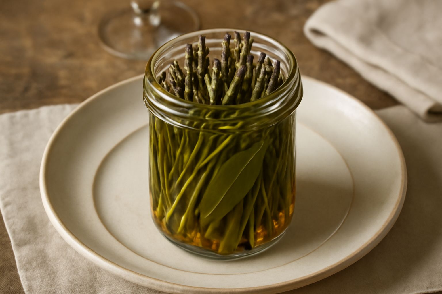 Vasetto di vetro con asparagi selvaggi interi di colore verde brillante immersi in liquido trasparente, guarniti da grani di pepe nero e foglie di alloro, su sfondo bianco