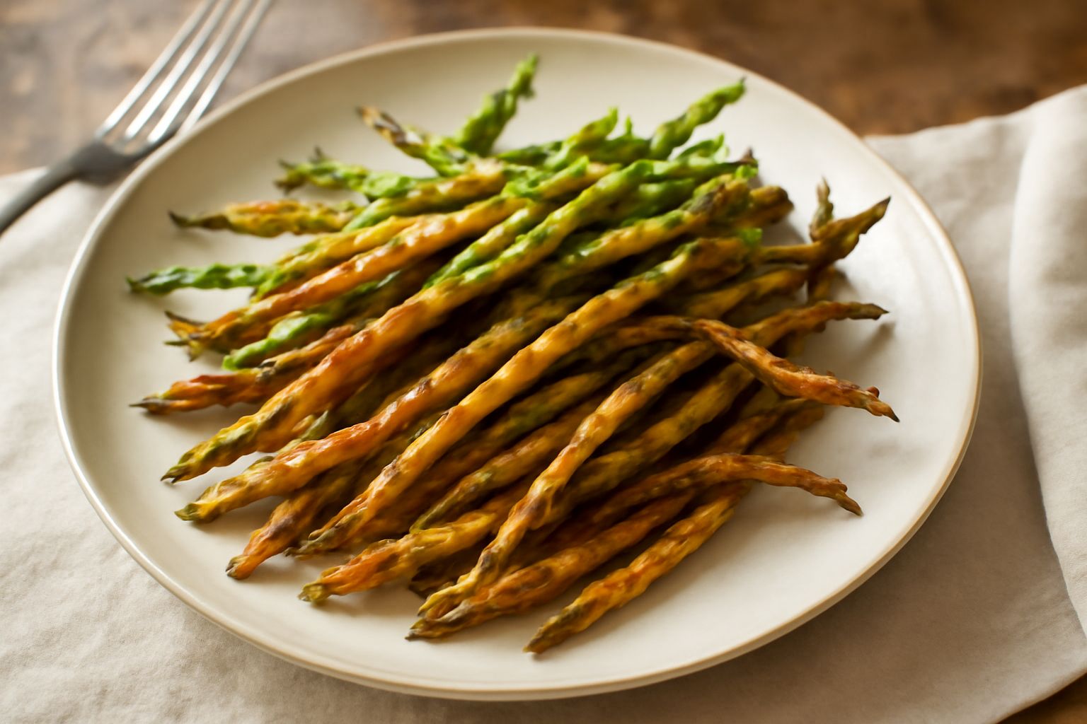 Asparagi selvatici fritti disposti su carta assorbente bianca, dorati e croccanti, con teste verdi ancora intatte e fusto dorato, sparsi di sale marino grosso