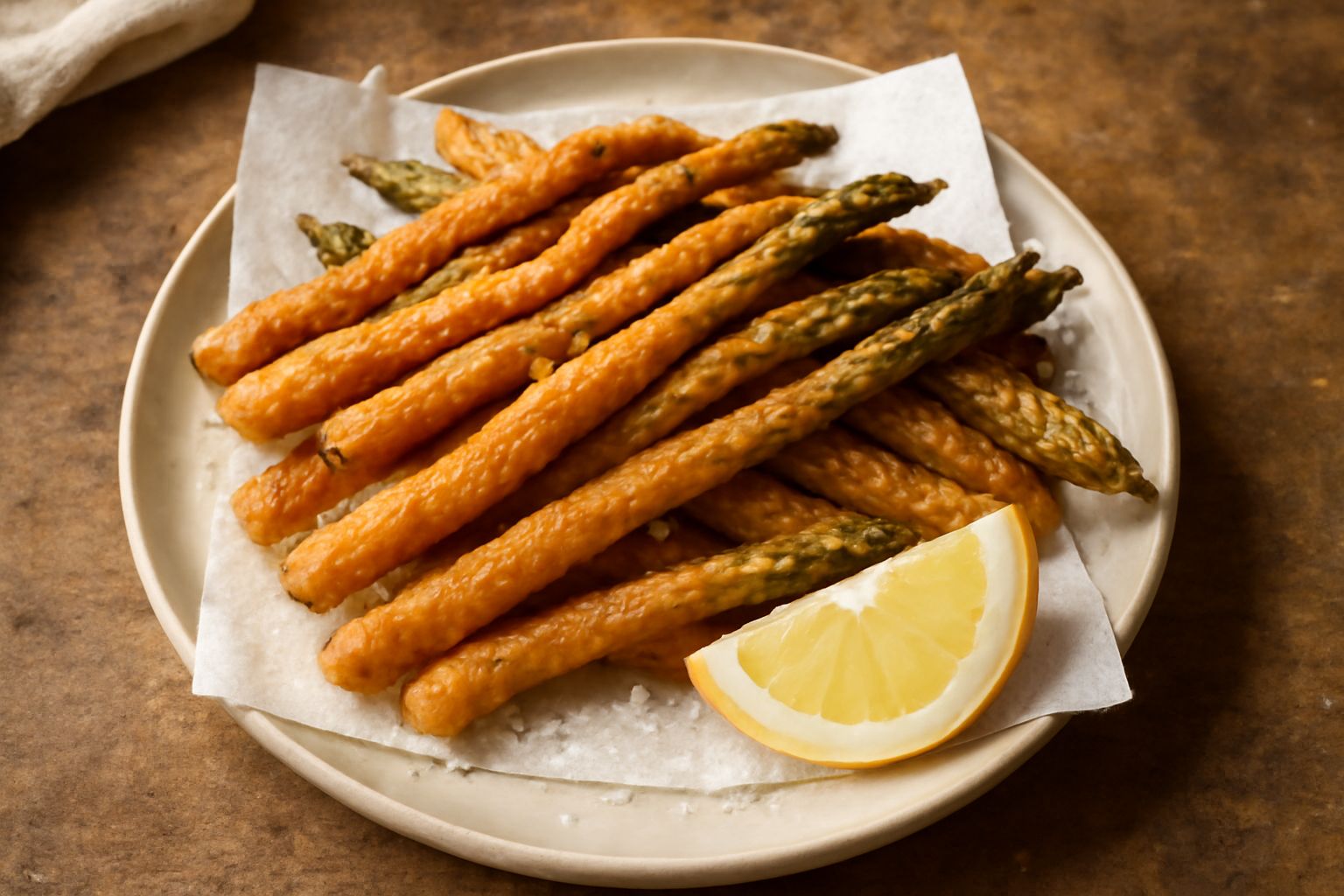 Asparagi selvatici fritti dorati e croccanti disposti su carta assorbente bianca, con cristalli di sale grosso e un limone tagliato di lato