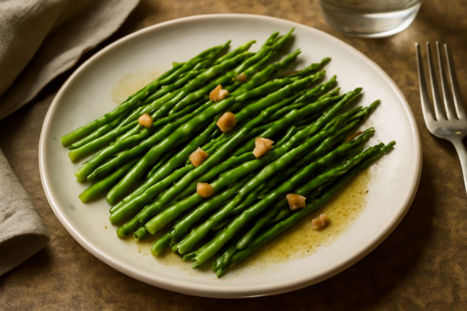 Asparagi selvatici verdi e sottili disposti nel piatto bianco, lucidi di olio d'oliva con spicchi d'aglio dorato e sale grosso visibile sulla superficie, vapore leggero ancora presente