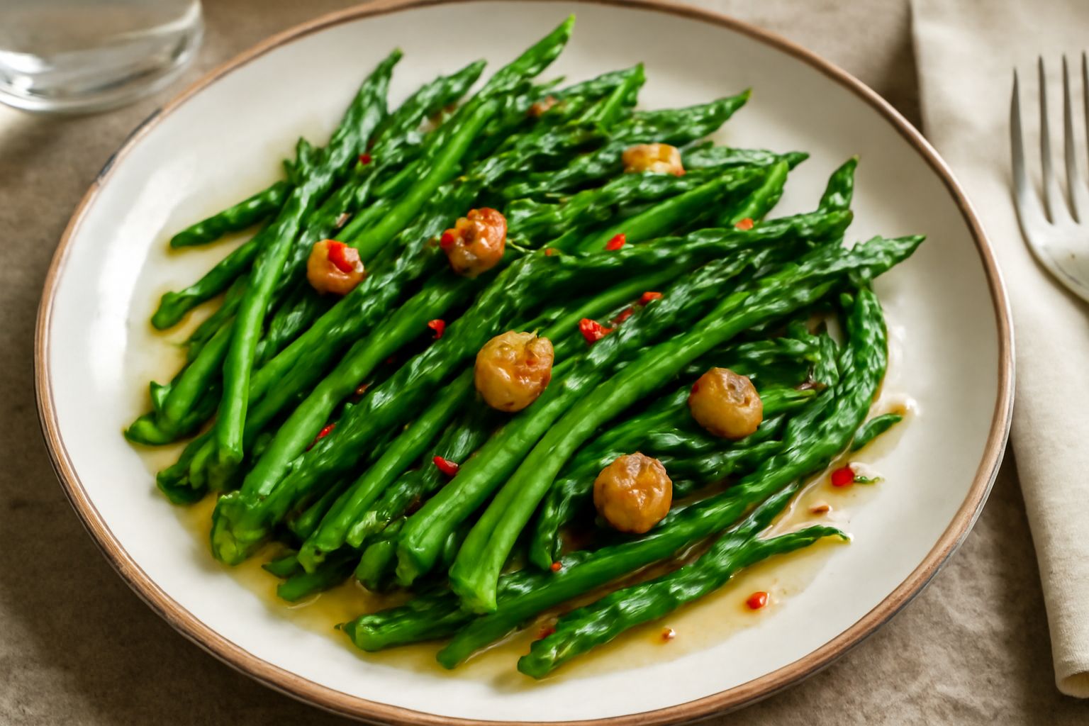 Asparagi selvatici verdi e sottili saltati in una padella scura, ricoperti di aglio dorato e olio lucente, con una spolverata di peperoncino rosso