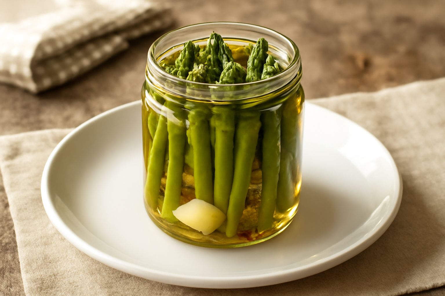Vasetto di vetro con asparagi verdi interi immersi in olio dorato trasparente, guarniti con uno spicchio d'aglio e peperone rosso; sullo sfondo altri vasetti ordinati su un ripiano di legno