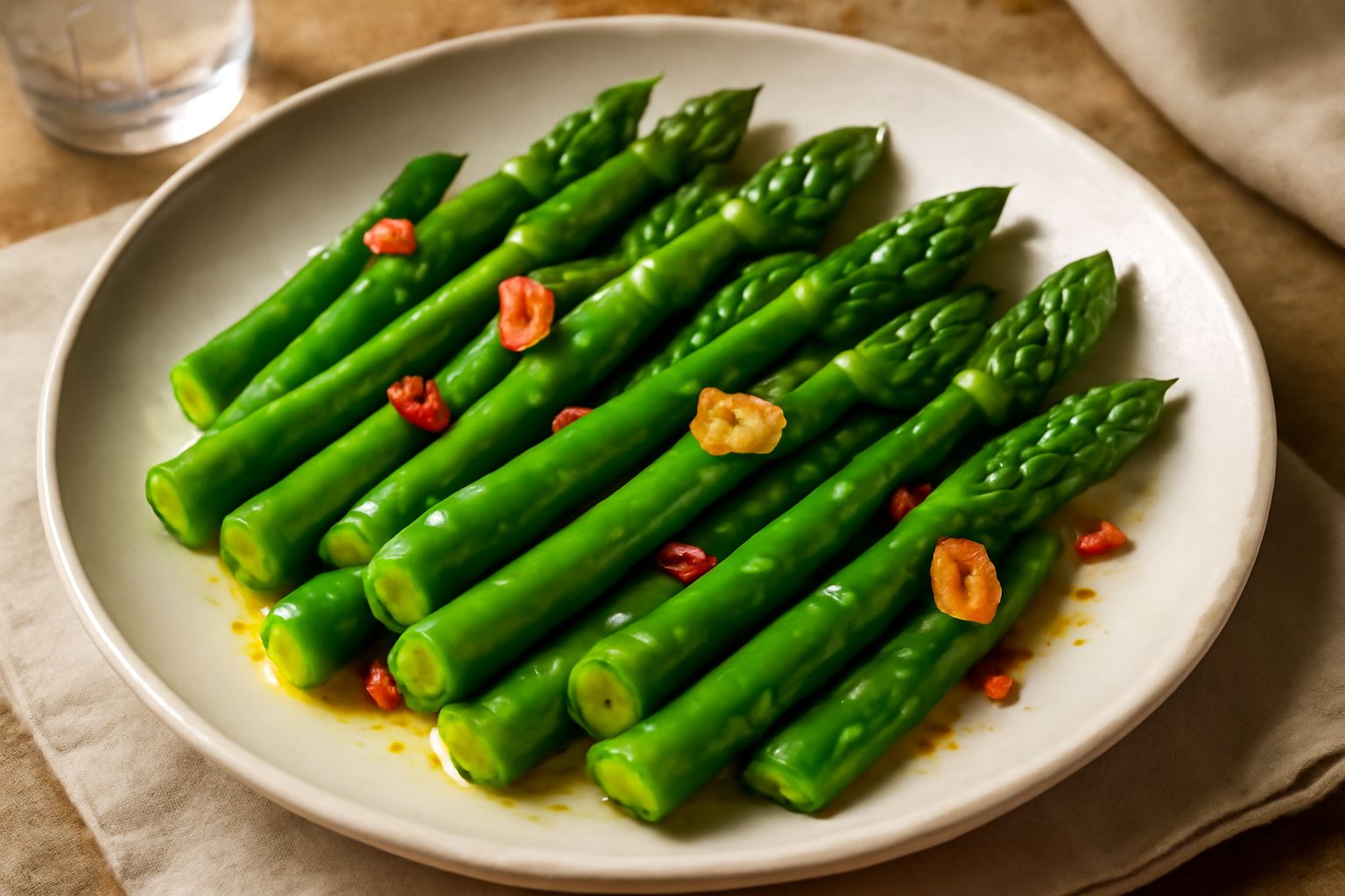 Asparagi verdi croccanti triffolati in padella, saltati con aglio dorato e peperoncino rosso, serviti caldi in un piatto bianco con gocce d'olio d'oliva lucido